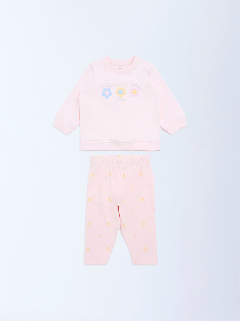 HOP Baby Girls Pink Floral Cotton Sweatshirt and Pants Set