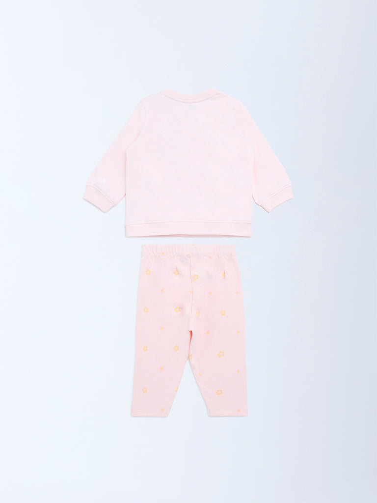 HOP Baby Girls Pink Floral Cotton Sweatshirt and Pants Set