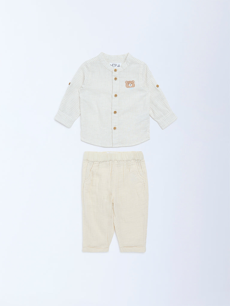 HOP Baby Boys Beige Checkered Cotton-Blend Shirt and Pants Set