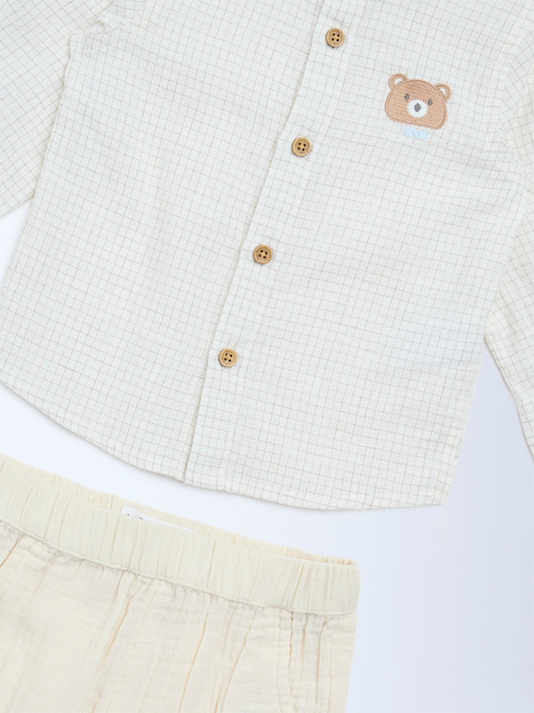 HOP Baby Boys Beige Checkered Cotton-Blend Shirt and Pants Set