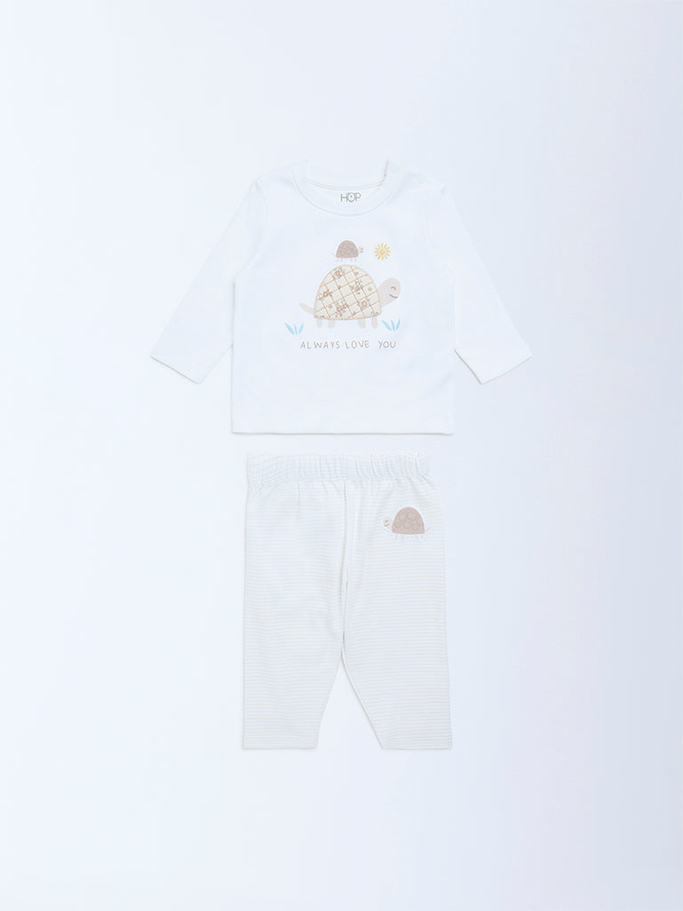 HOP Baby Boys White Animal Printed Cotton T-Shirt and Pants Set
