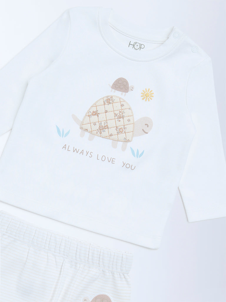 HOP Baby Boys White Animal Printed Cotton T-Shirt and Pants Set