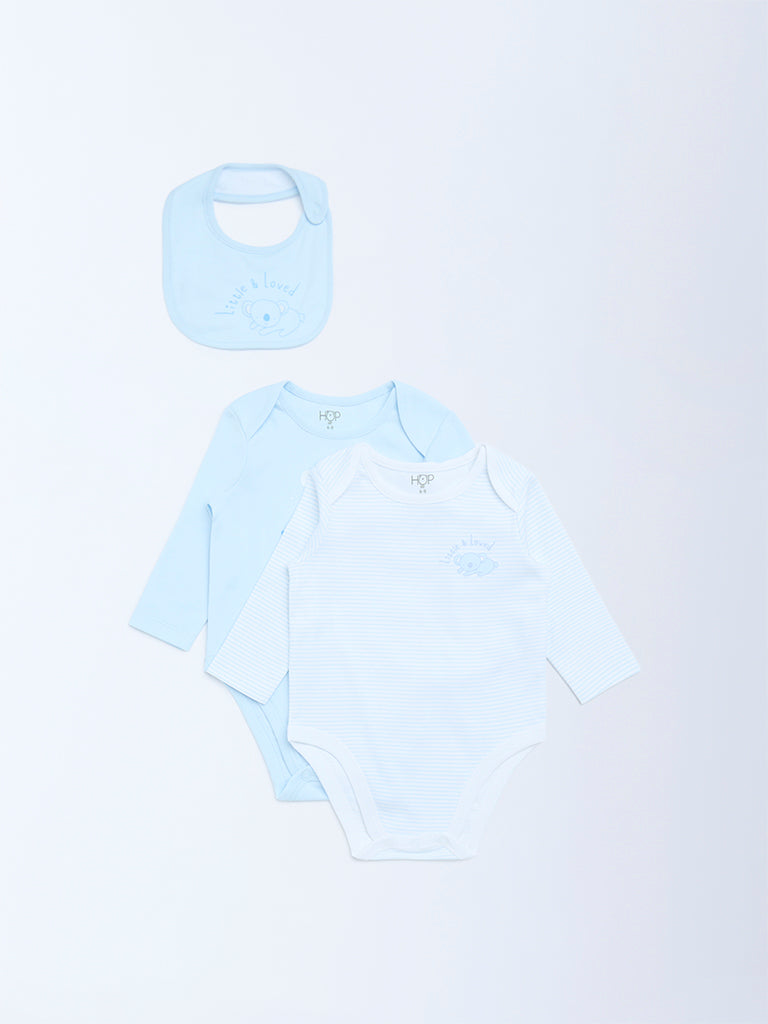 HOP Baby Boys Blue Printed Cotton Rompers and Bib - Pack of 2