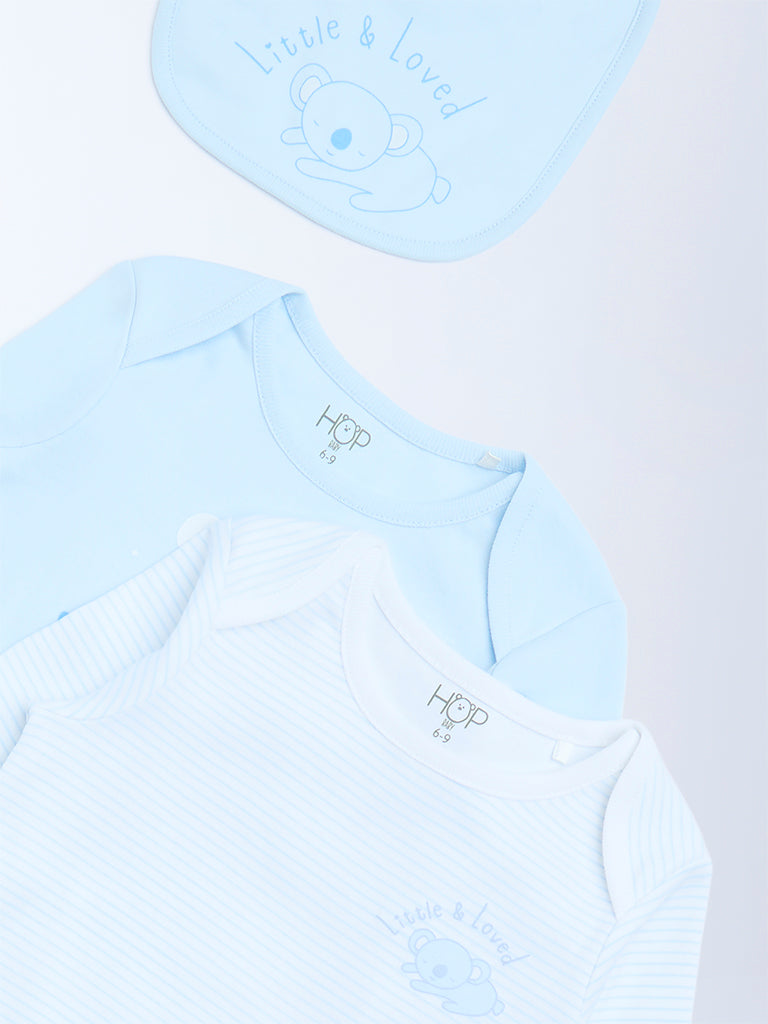 HOP Baby Boys Blue Printed Cotton Rompers and Bib - Pack of 2
