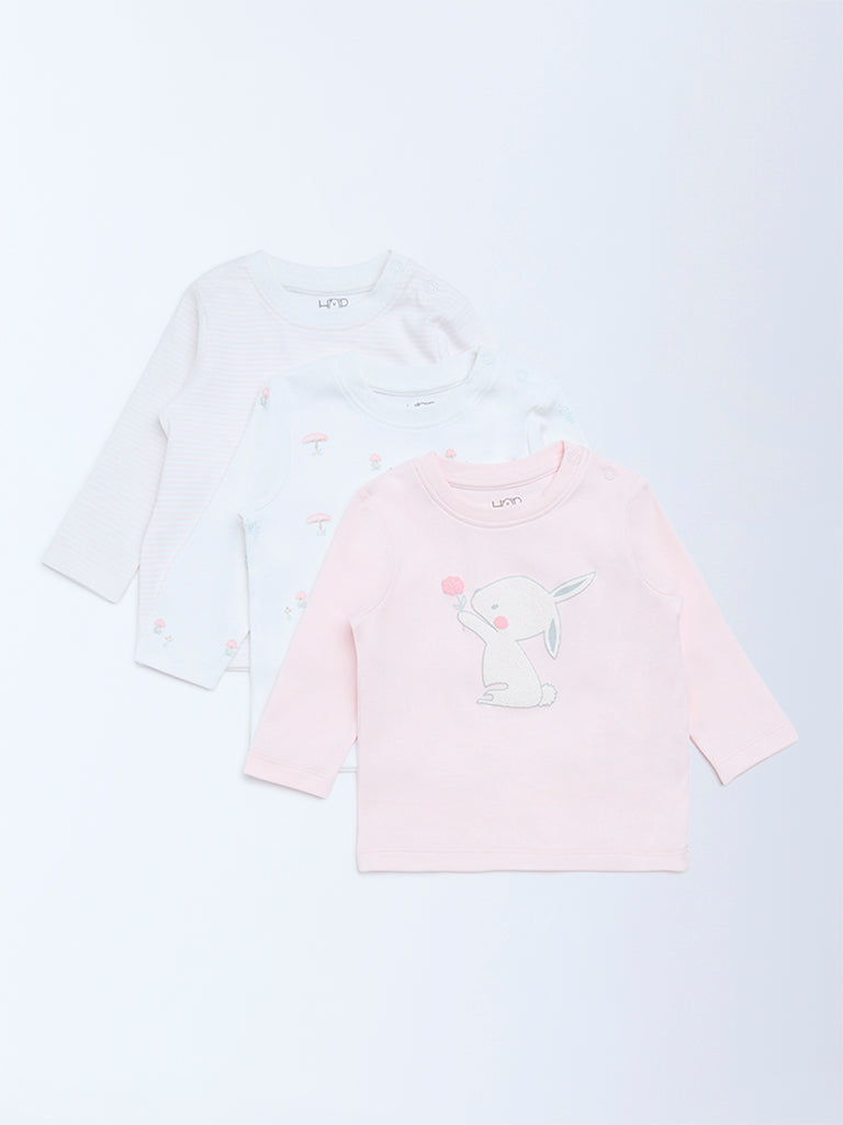 HOP Baby Girls Pink Printed Cotton T-Shirts - Pack of 3