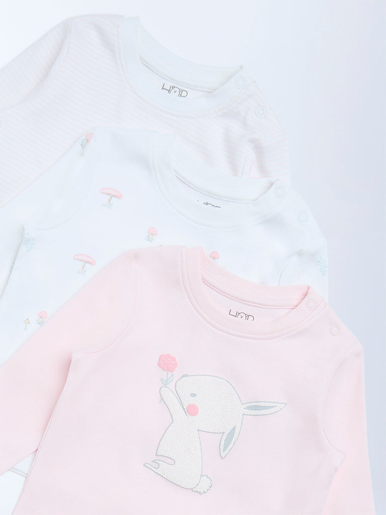 HOP Baby Girls Pink Printed Cotton T-Shirts - Pack of 3