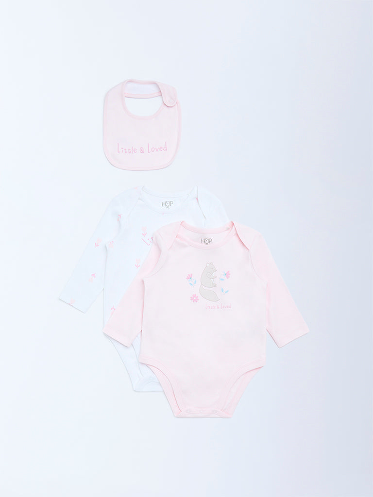 HOP Baby Girls Pink Printed Cotton Rompers and Bib - Pack of 2