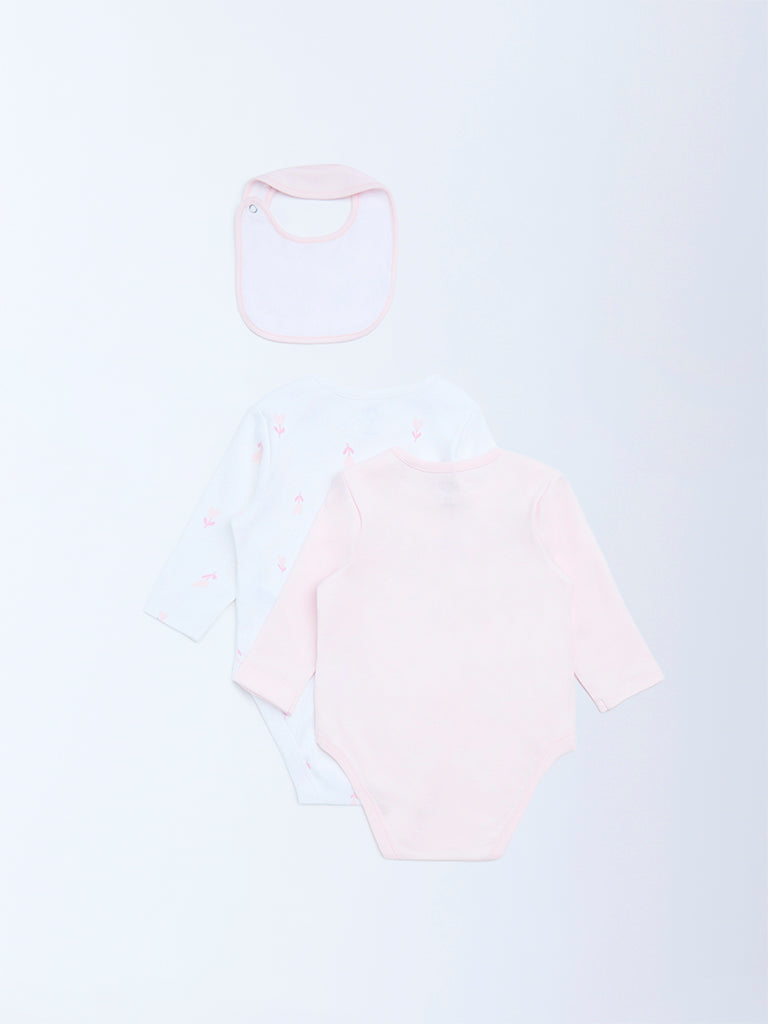 HOP Baby Girls Pink Printed Cotton Rompers and Bib - Pack of 2