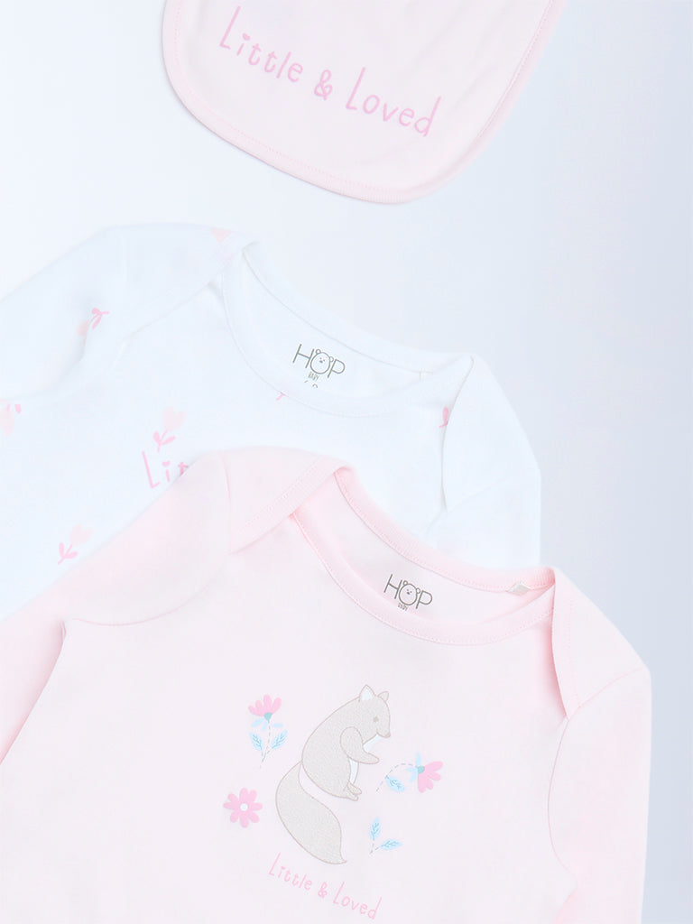 HOP Baby Girls Pink Printed Cotton Rompers and Bib - Pack of 2