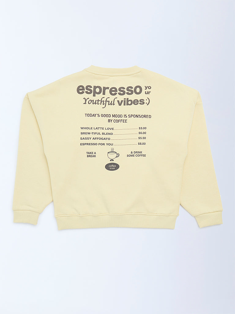 Girls Yellow Typographic Cotton Sweatshirt