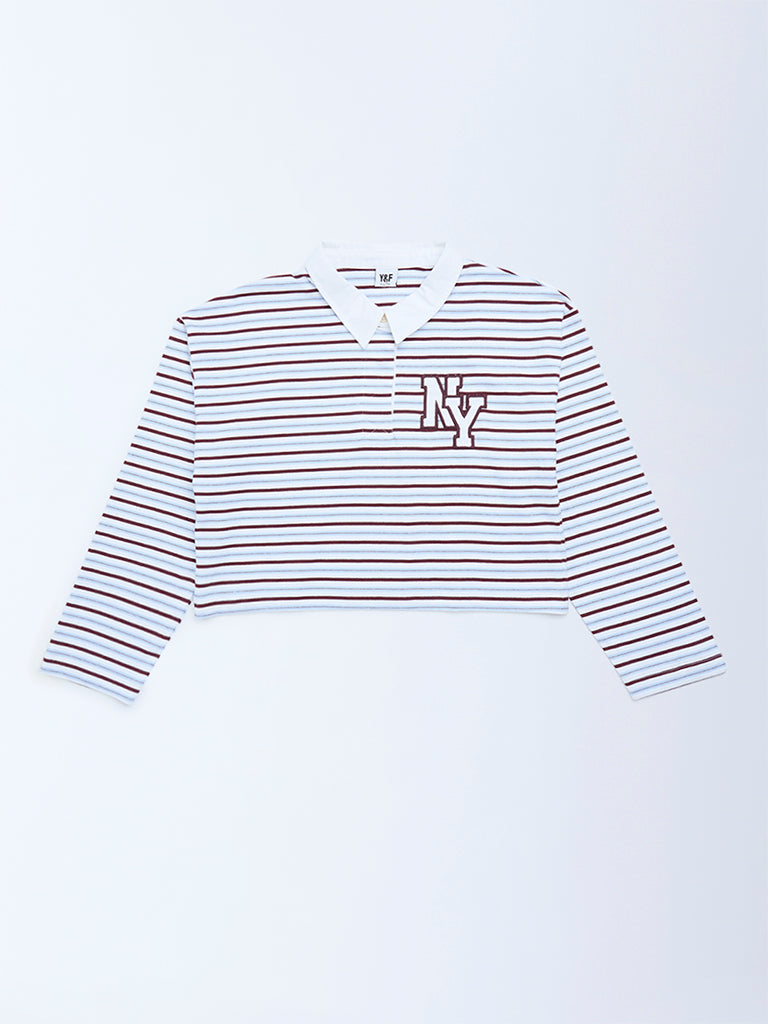 Girls Brown Striped Cotton Polo T-Shirt