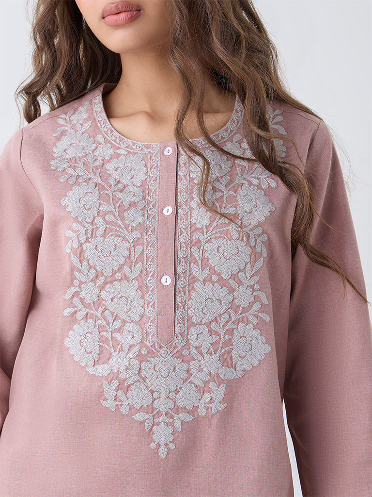 Utsa Dusty Pink Floral Embroidered Cotton Tunic