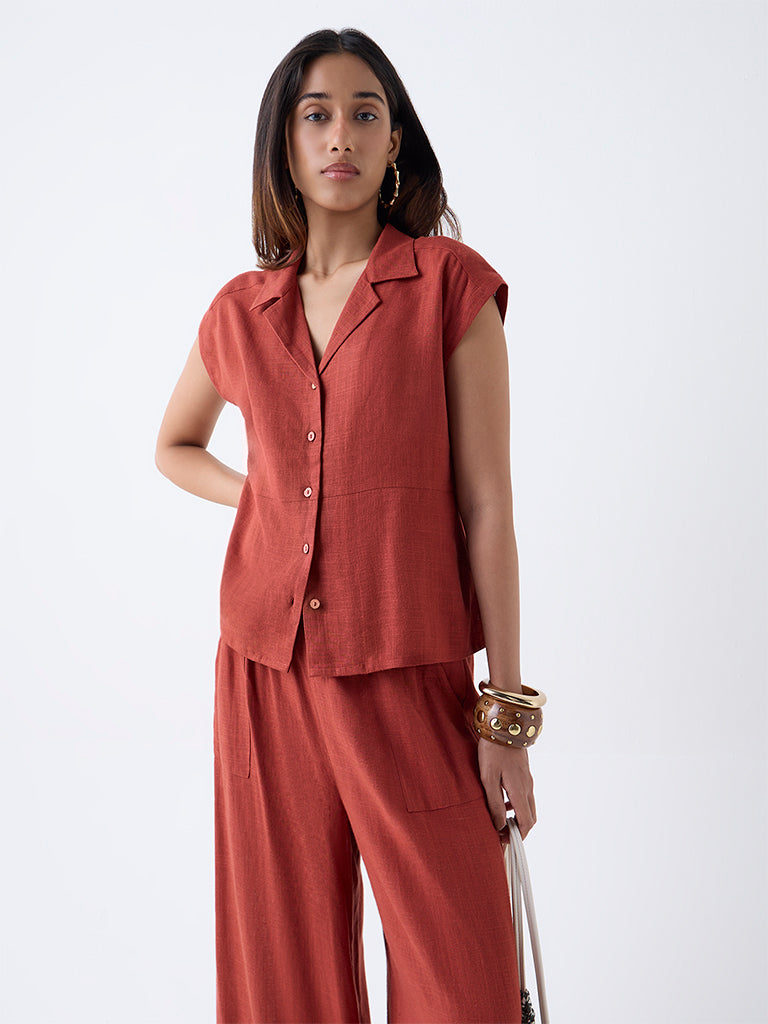 LOV Rust Solid Linen-Blend Shirt