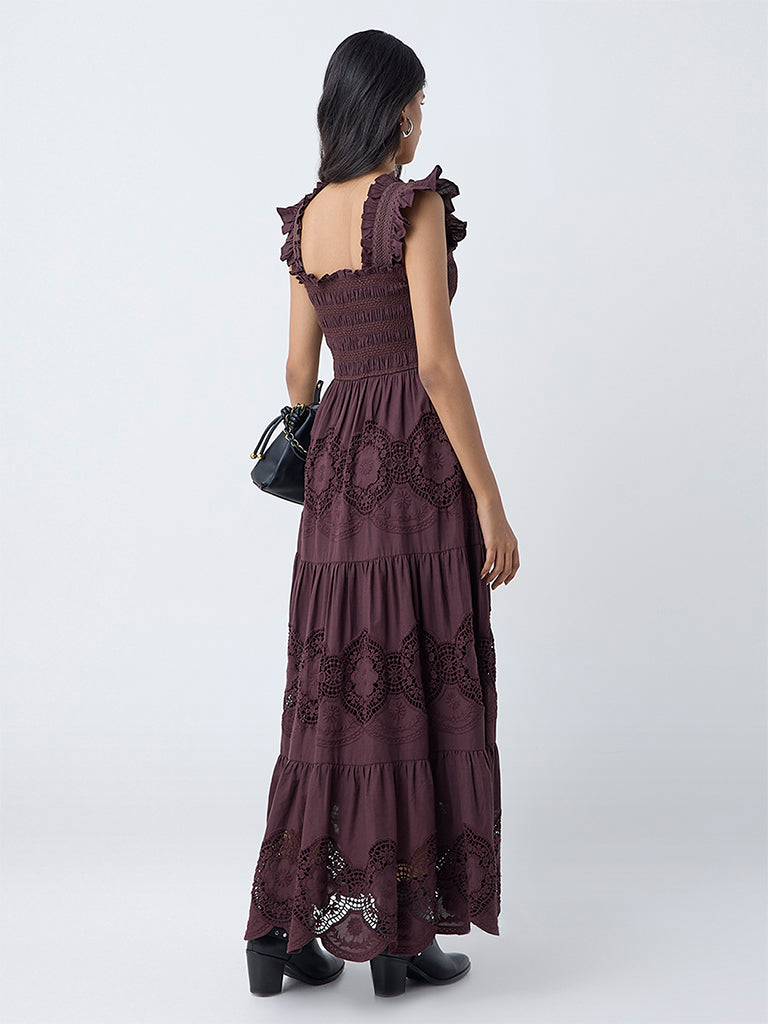 LOV Dark Brown Crochet-Detailed Cotton Tiered Dress