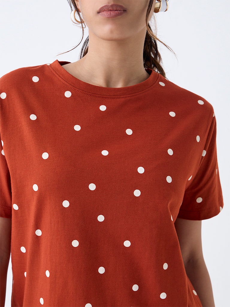 LOV Rust Polka Dotted Cotton T-Shirt