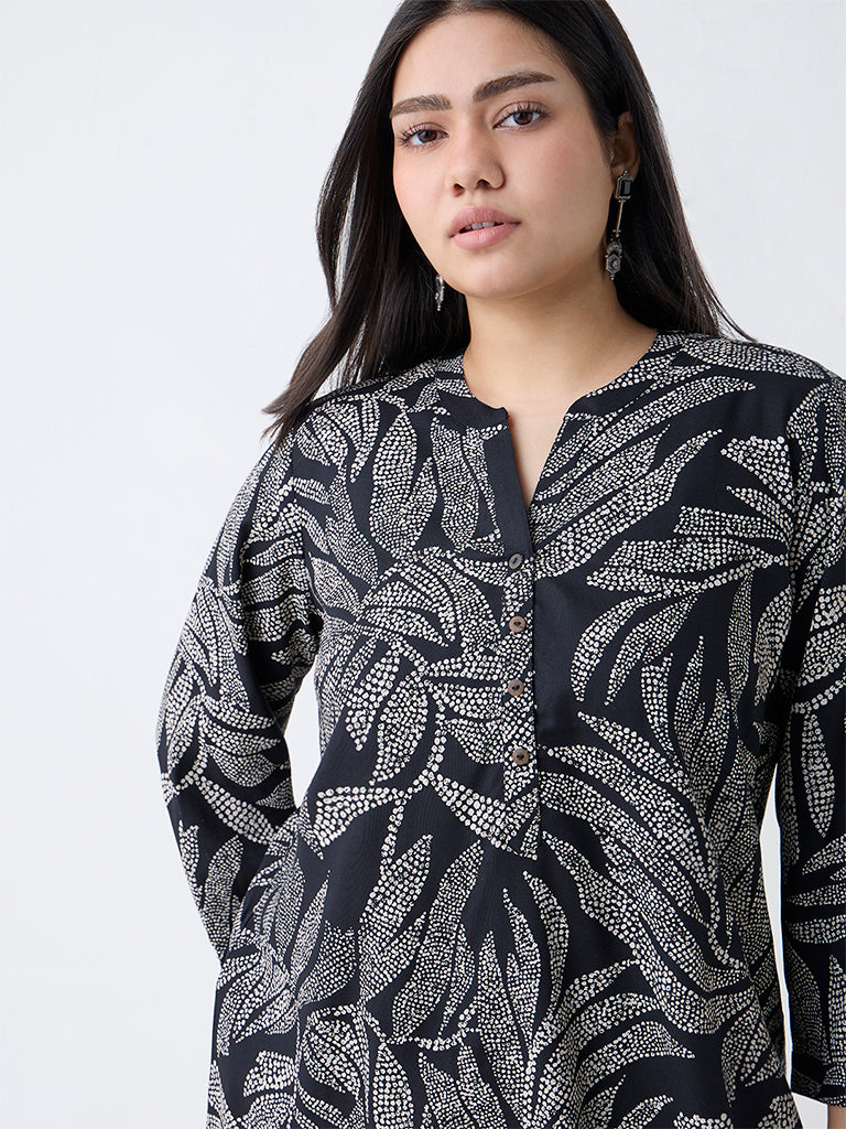 Diza Black Bandhani Leaf Design Tunic