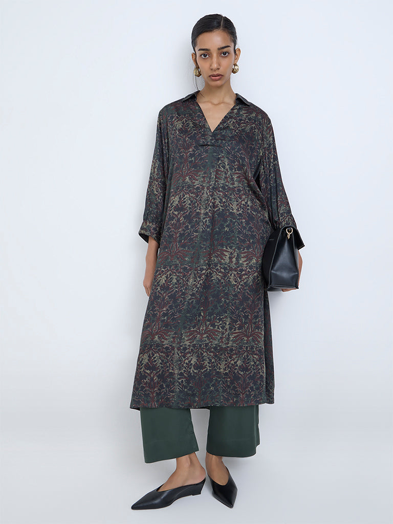 Zuba Dark Green Bagru Printed A-Line Kurta