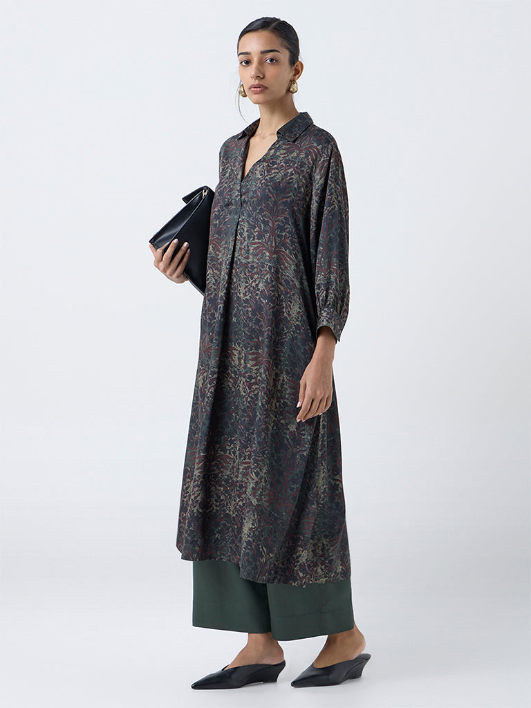 Zuba Dark Green Bagru Printed A-Line Kurta
