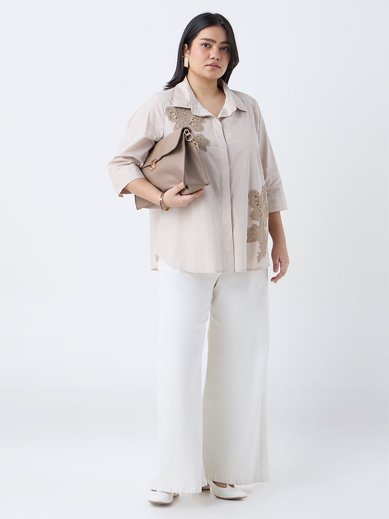 Gia Beige Floral Embroidered Cotton Shirt
