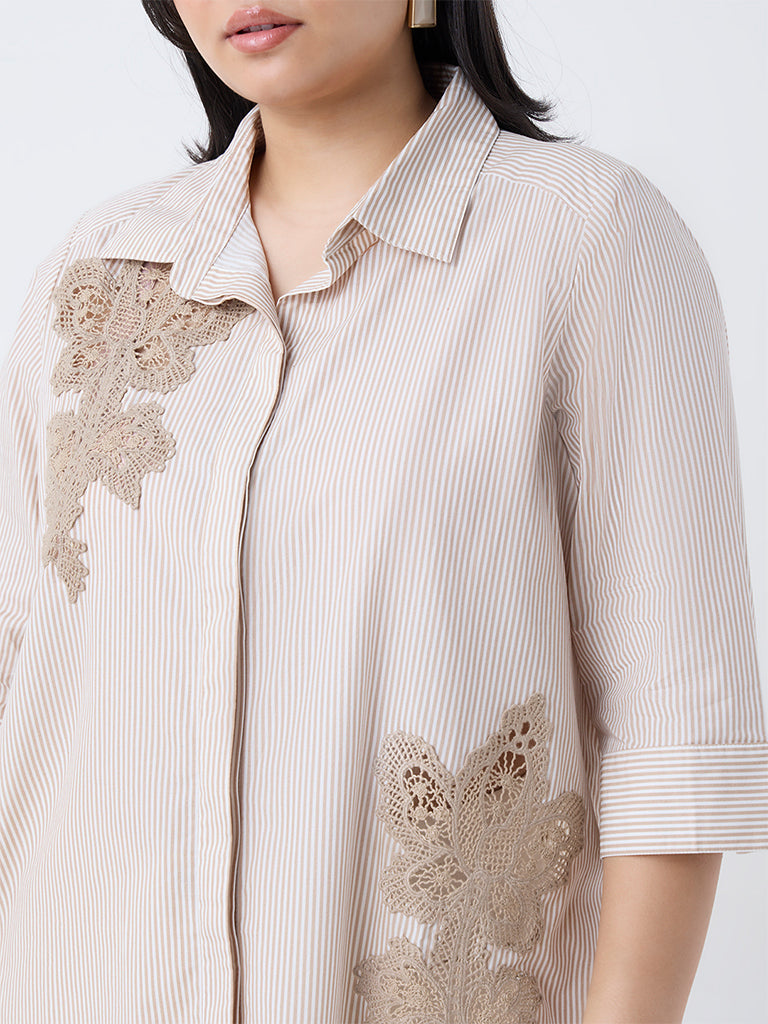 Gia Beige Floral Embroidered Cotton Shirt