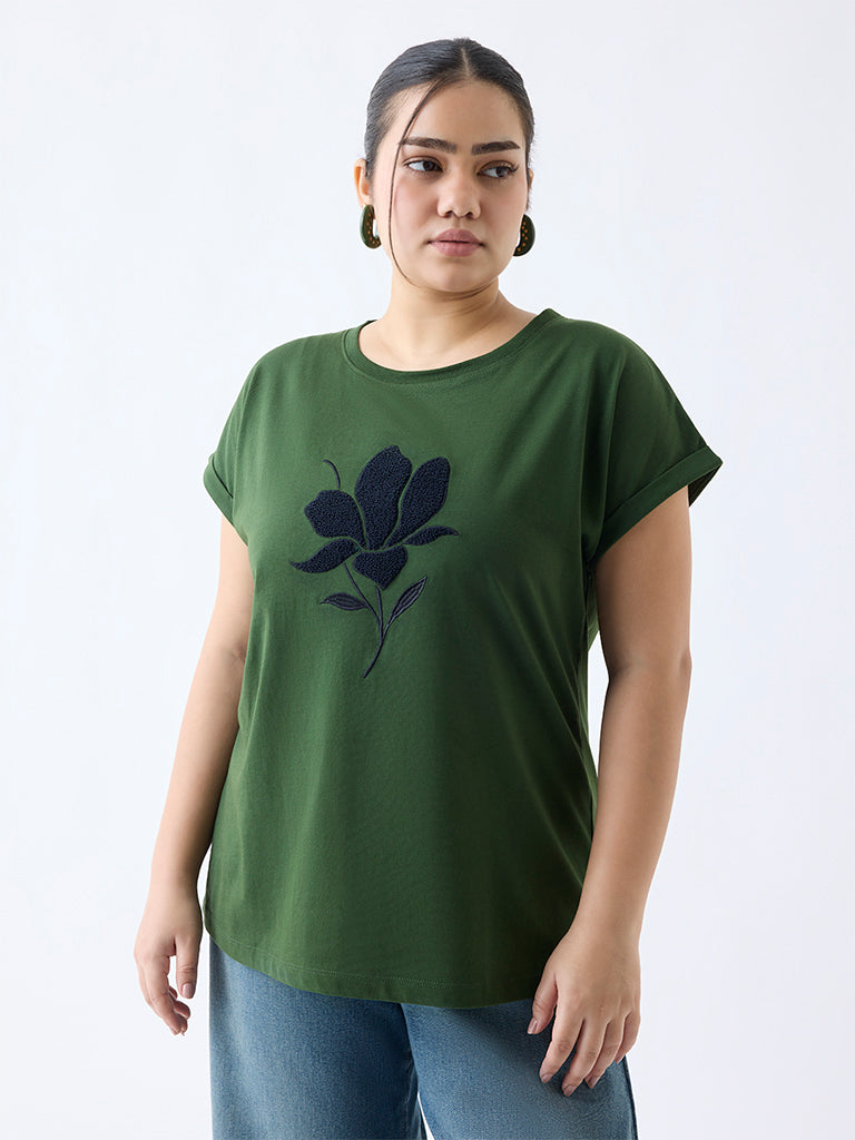 Westside Gia Women's Olive Floral Patterned T-Shirt for Casual Wear Front view