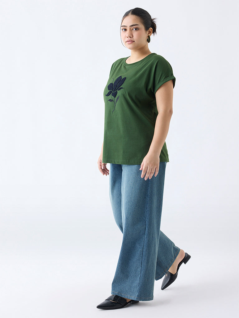 Westside Gia Women's Olive Floral Patterned T-Shirt for Casual Wear Full View