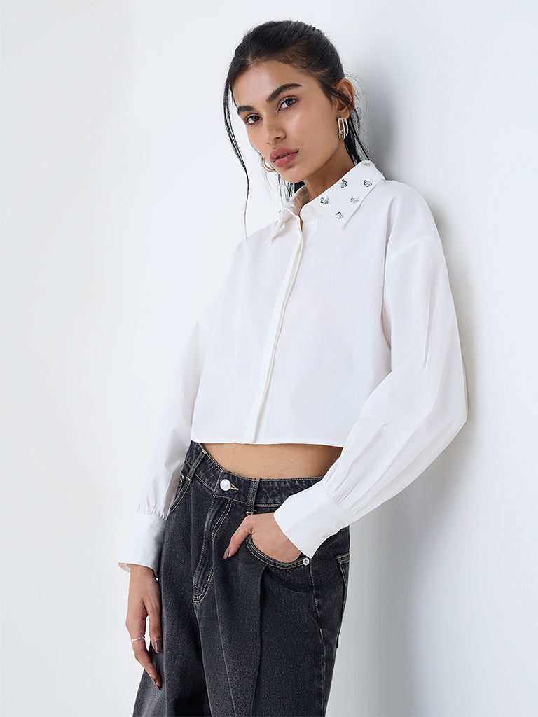 Nuon White Embellished Cotton Shirt