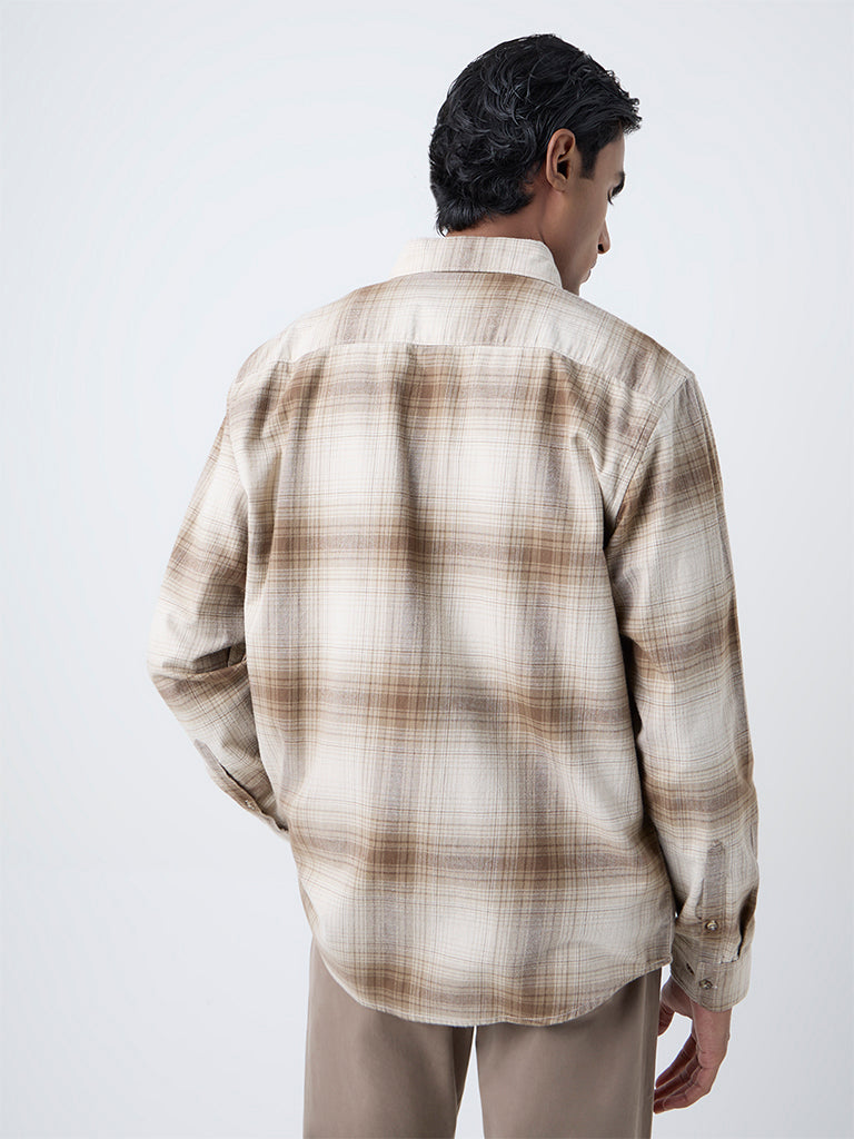 WES Casuals Tan Checks Pattern Relaxed-Fit Cotton Shirt