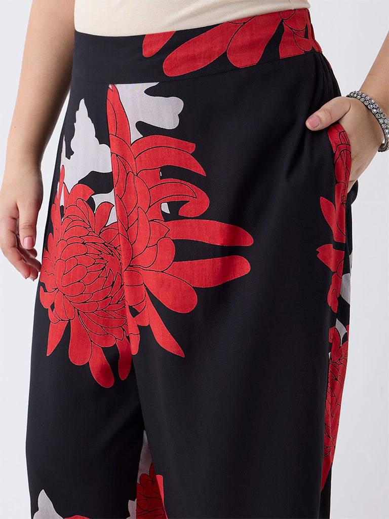 Diza Black Foliage Design Ethnic Pants