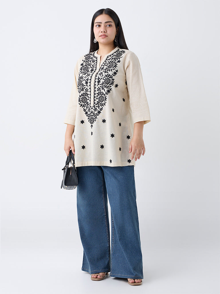 Diza Cream Floral Embroidered Cotton Kurti