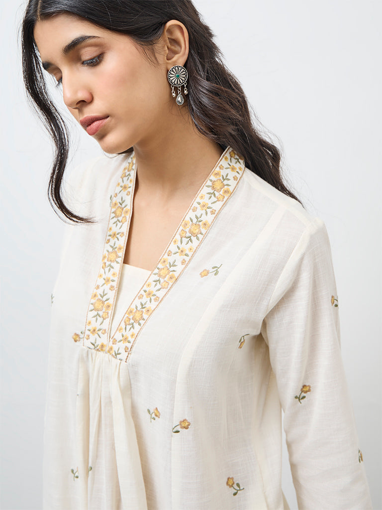 Utsa Off-White Floral Embroidered Cotton A-Line Kurta