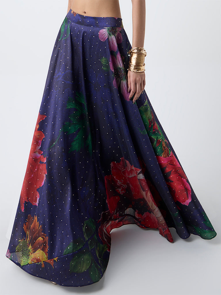 Vark Dark Blue Foliage Design Maxi Skirt