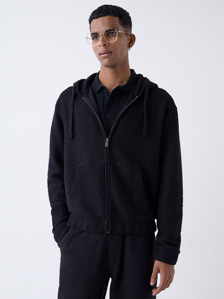 ETA Black Popcorn-Textured Relaxed-Fit Hoodie