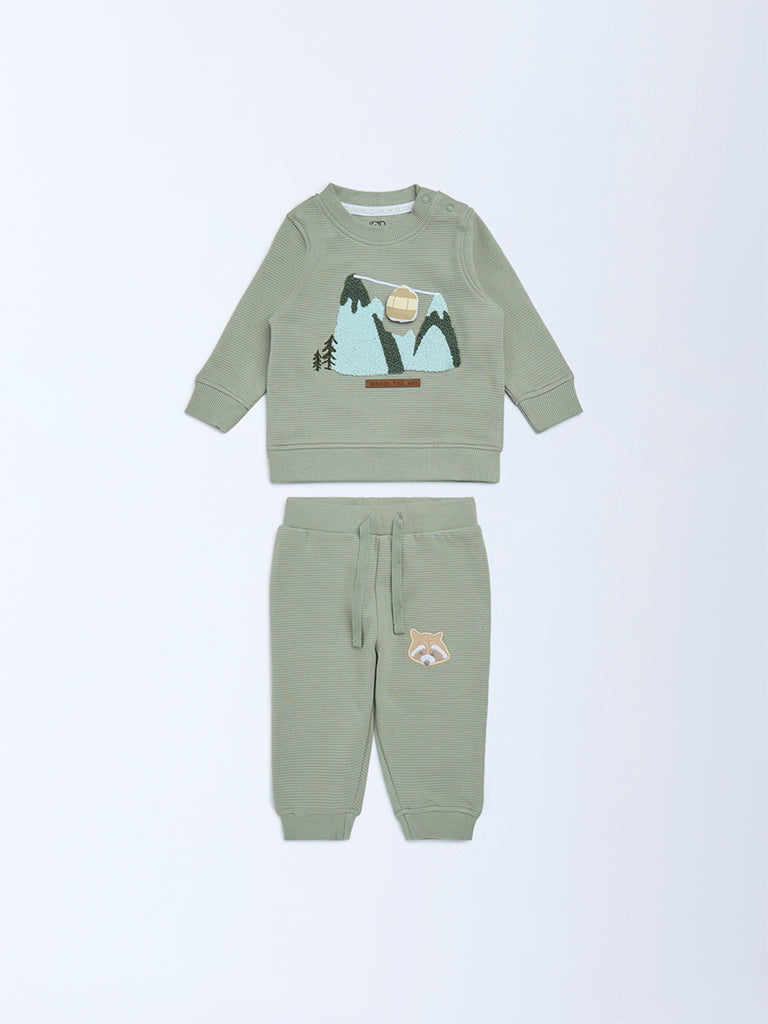 HOP Baby Boys Olive Cotton Sweatshirt with Joggers Set