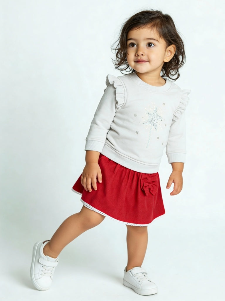 HOP Baby Girls Off-White Embellished Cotton Sweatshirt with Skirt Set