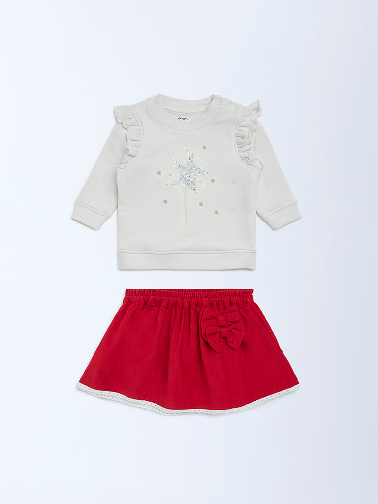 HOP Baby Girls Off-White Embellished Cotton Sweatshirt with Skirt Set