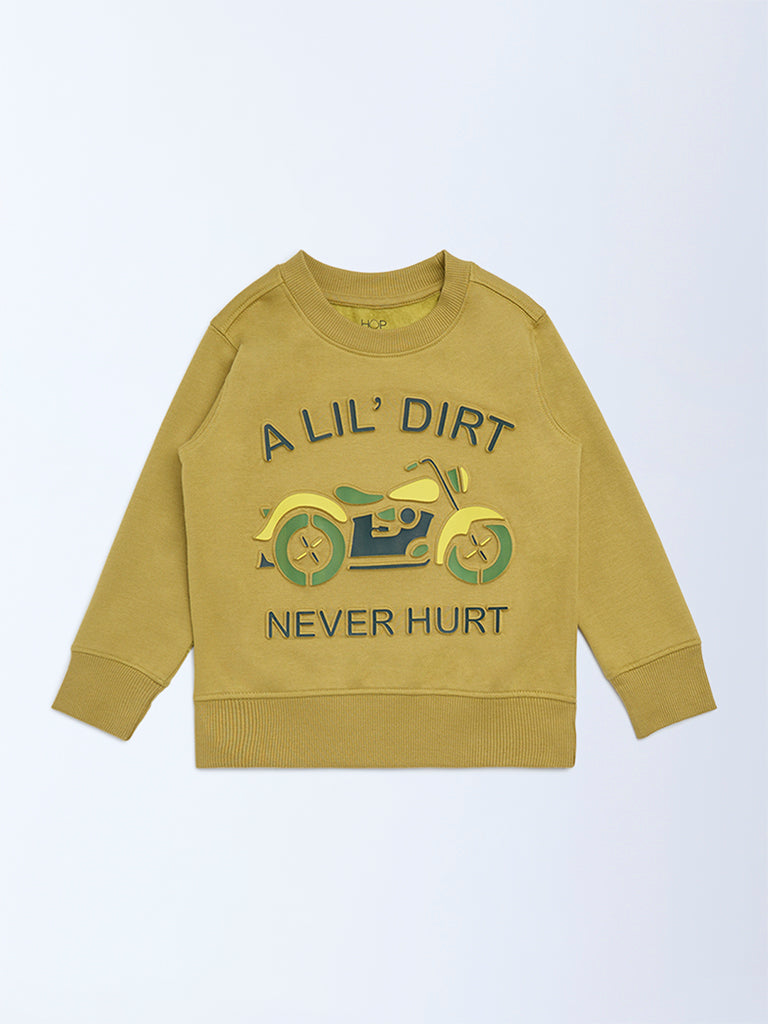 HOP Kids Boys Olive Text Embossed Cotton-Blend Sweatshirt