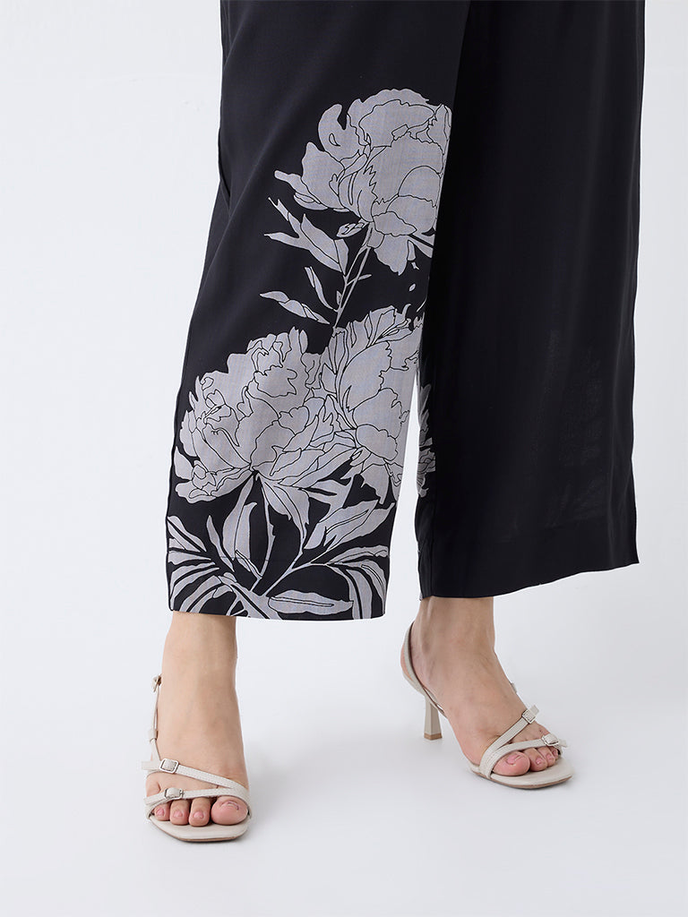Diza Black Floral Design Ethnic Pants