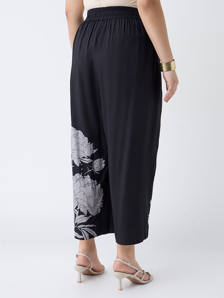 Diza Black Floral Design Ethnic Pants