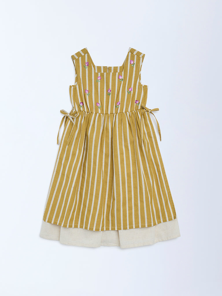 Utsa Kids Girls Mustard Striped A-Line Cotton-Blend Dress - (2-8 yrs)