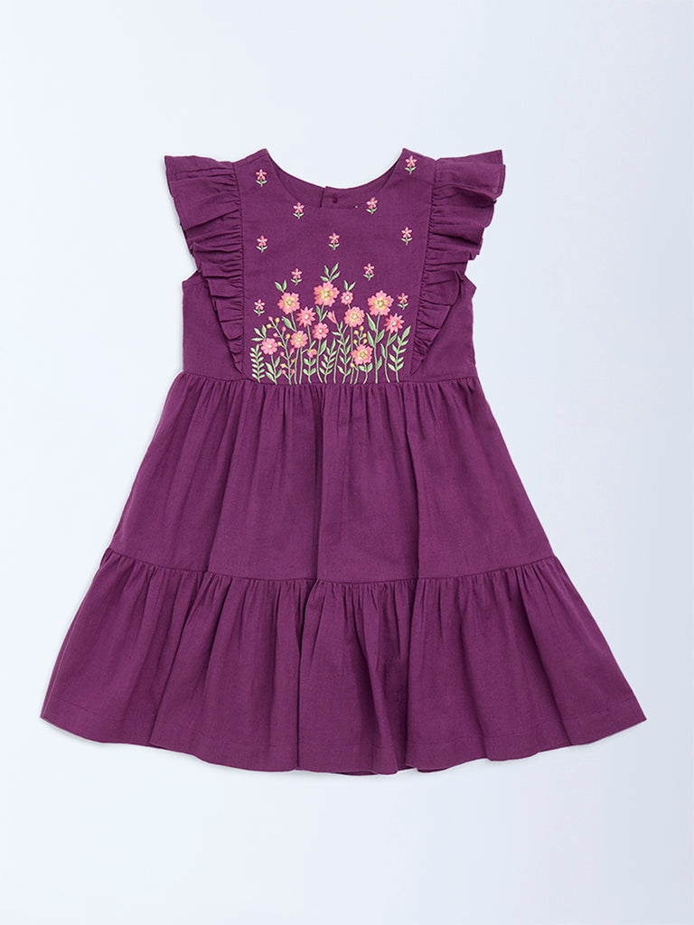 Utsa Kids Girls Purple Floral Embroidered Tiered Cotton-Blend Dress - (2-8 yrs)