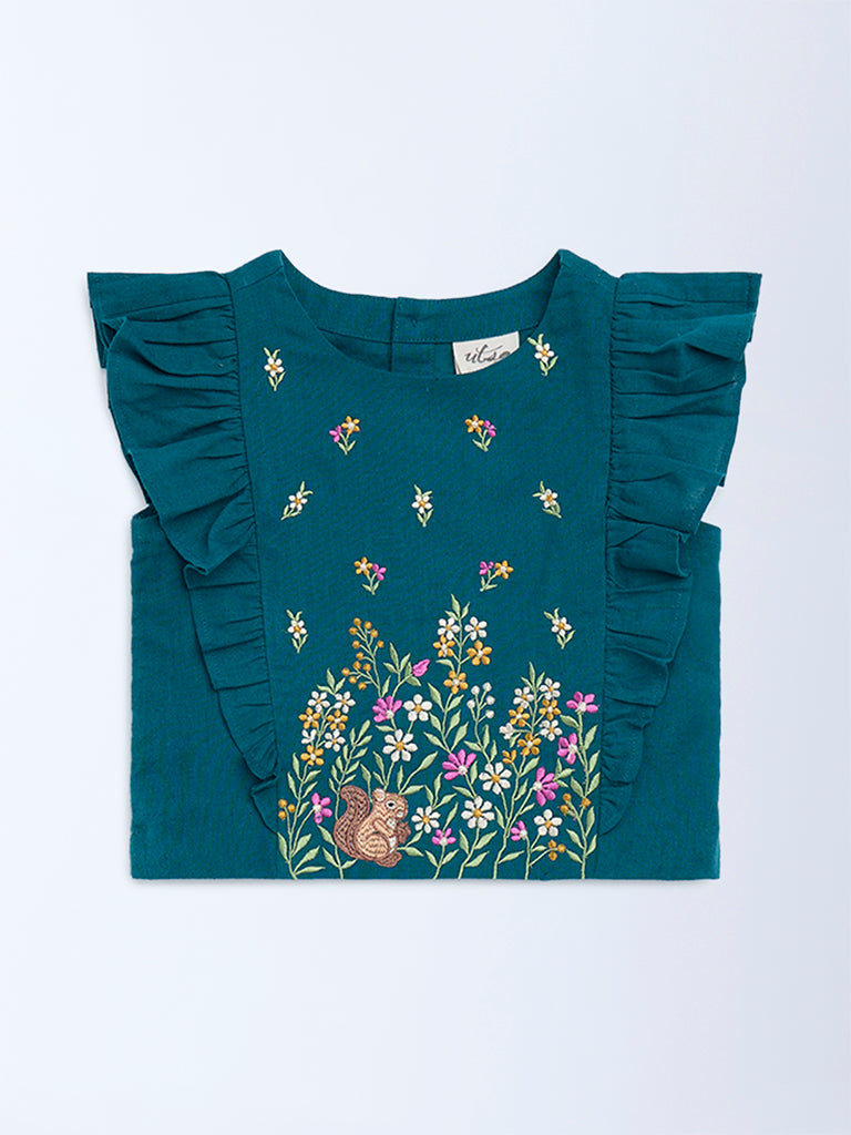 Utsa Kids Girls Teal Floral Embroidered Cotton-Blend Top - (2-8 yrs)