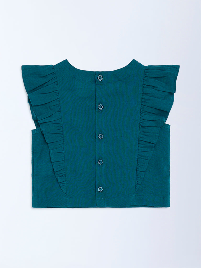 Utsa Kids Girls Teal Floral Embroidered Cotton-Blend Top - (2-8 yrs)