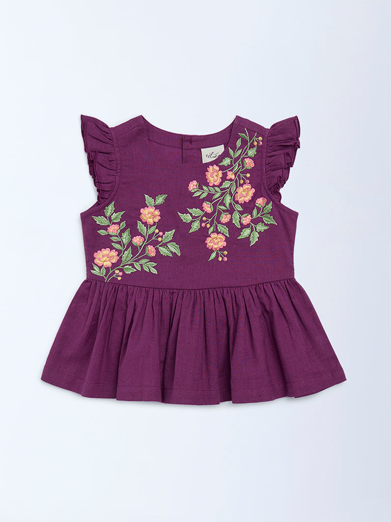 Utsa Kids Girls Purple Floral Embroidered Cotton-Blend Peplum Top (2-8 yrs)
