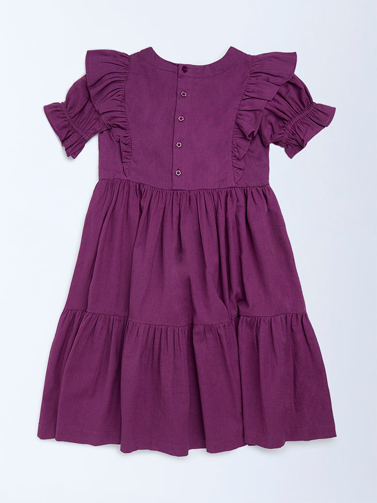 Utsa Kids Girls Purple Floral Embroidered Tiered Cotton-Blend Dress - (8-14 yrs)