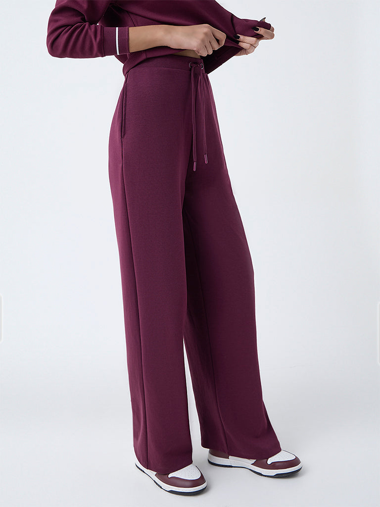 Studiofit Wine Embellished High-Rise Cotton-Blend Pants