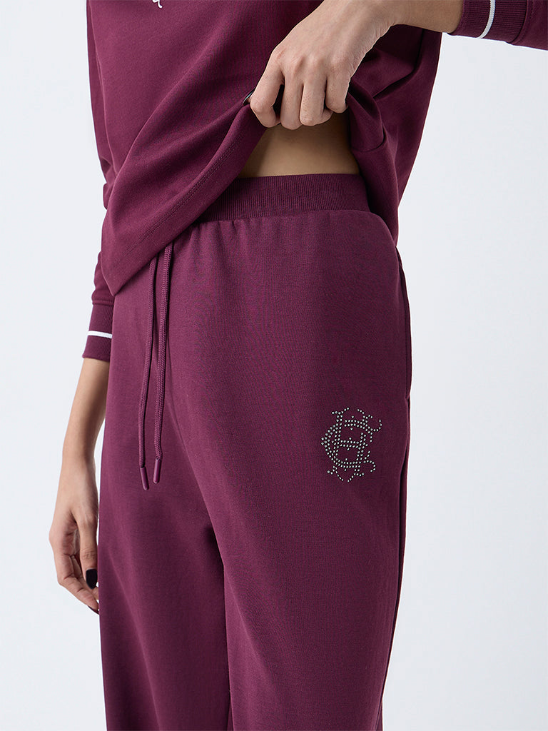 Studiofit Wine Embellished High-Rise Cotton-Blend Pants
