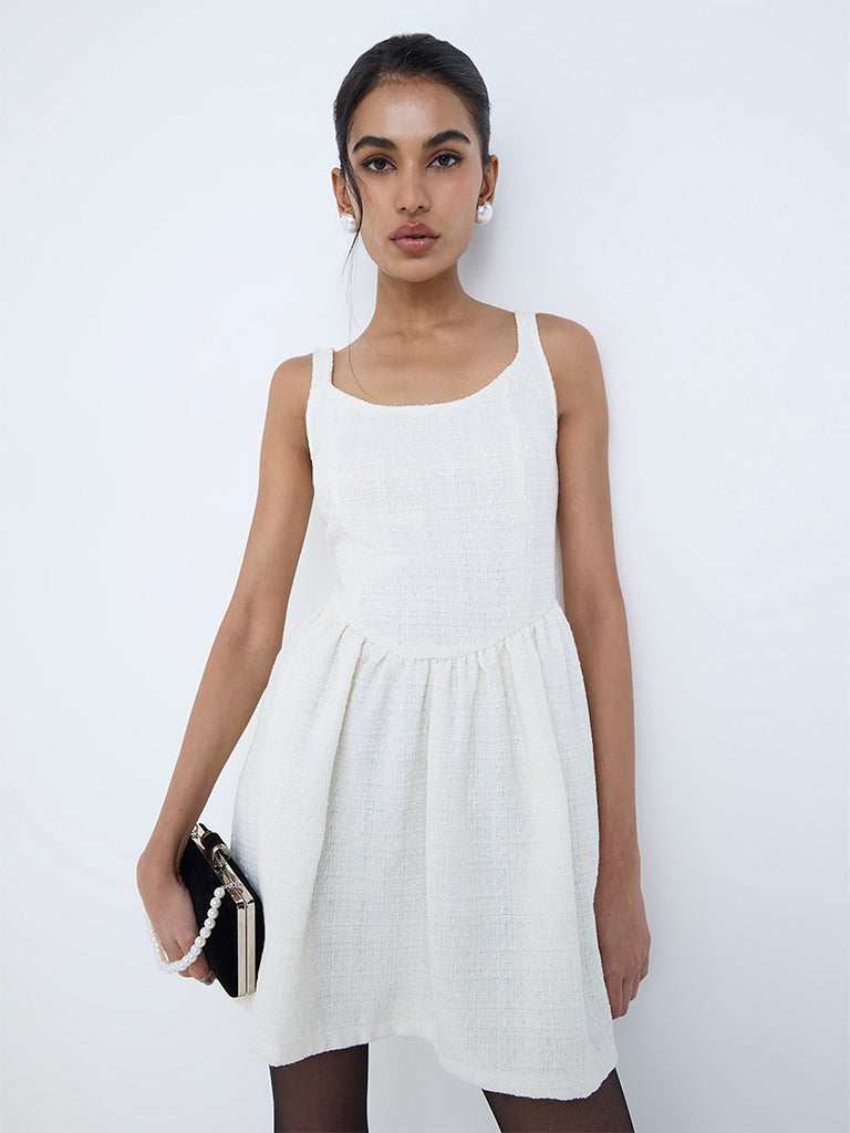 Nuon White Textured A-Line Cotton Dress