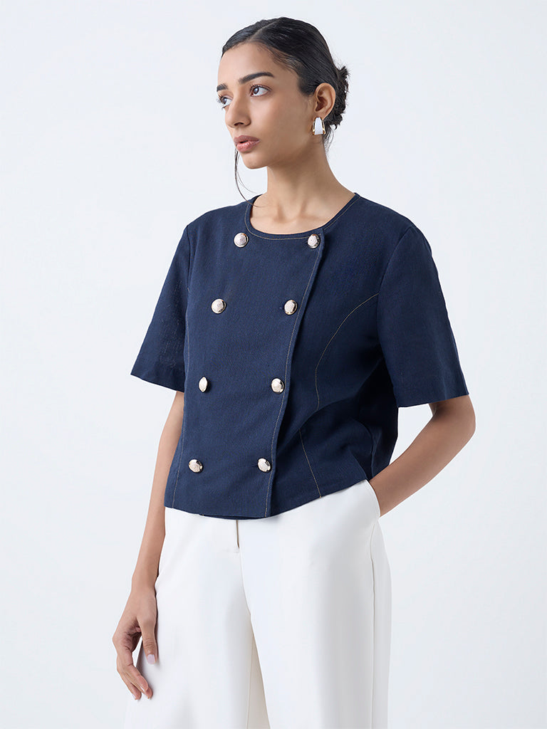 Wardrobe Navy Button-Detailed Top