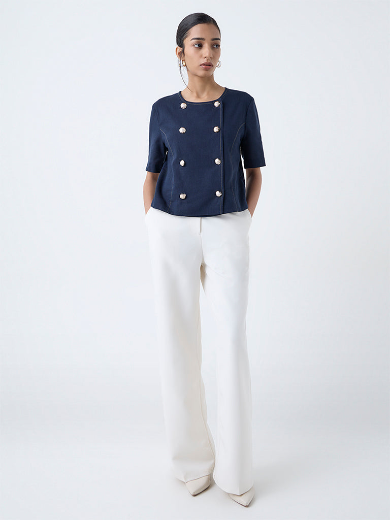 Wardrobe Navy Button-Detailed Top